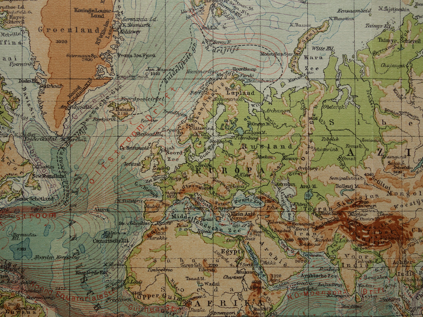 WORLD MAP old Dutch world map of sea currents Original antique Dutch map elevation map