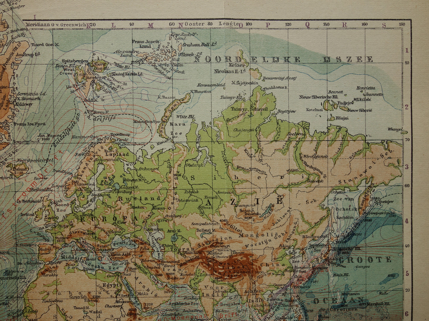 WORLD MAP old Dutch world map of sea currents Original antique Dutch map elevation map