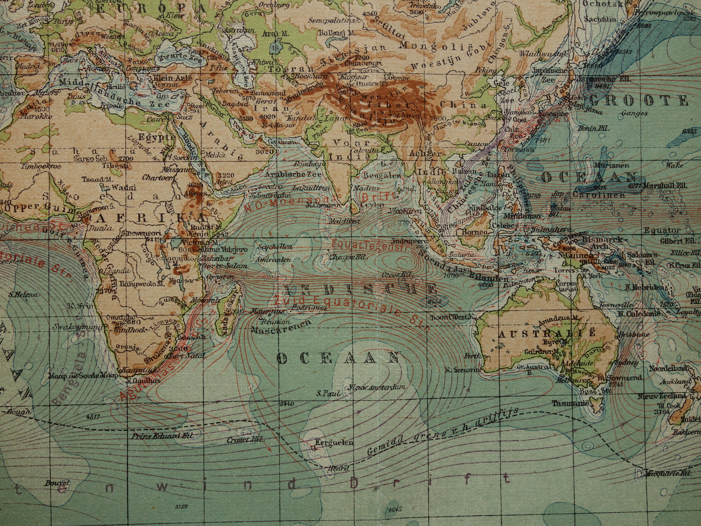 WORLD MAP old Dutch world map of sea currents Original antique Dutch map elevation map