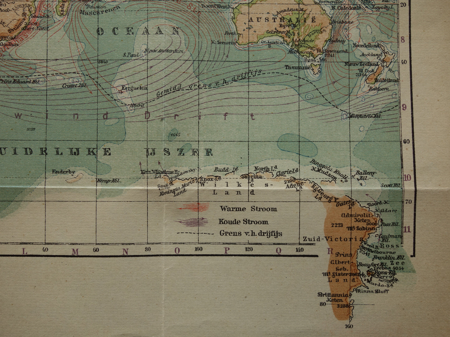 WORLD MAP old Dutch world map of sea currents Original antique Dutch map elevation map