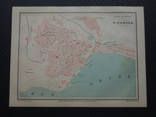 ODESSA antieke plattegrond uit 1877 Originele Franse oude kaart Odessa Oekraïne