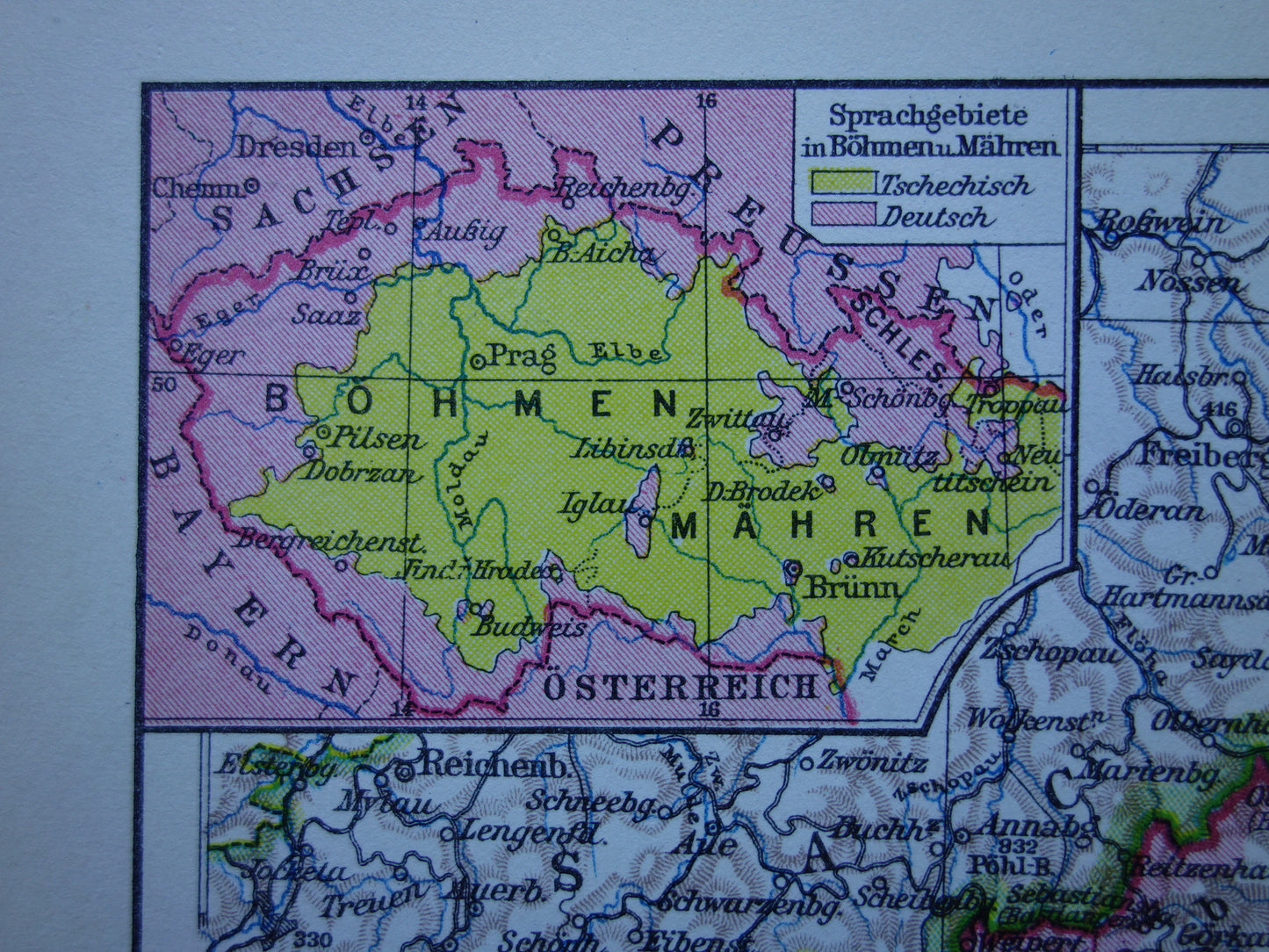 TSJECHIË oude landkaart van Tsjechië originele vintage van Bohemen en Moravië  in 1928