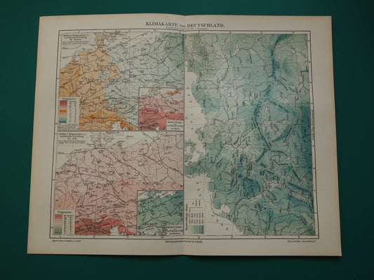 Oude klimaat kaart van Duitsland Originele antieke klimaatkaart Duitsland vintage kaarten Temperatuur Neerslag