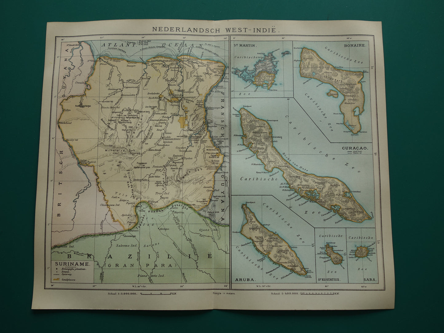 Suriname oude kaart uit 1922 originele antieke Nederlandse landkaart van Suriname en Caraïbisch gebied West-Indië