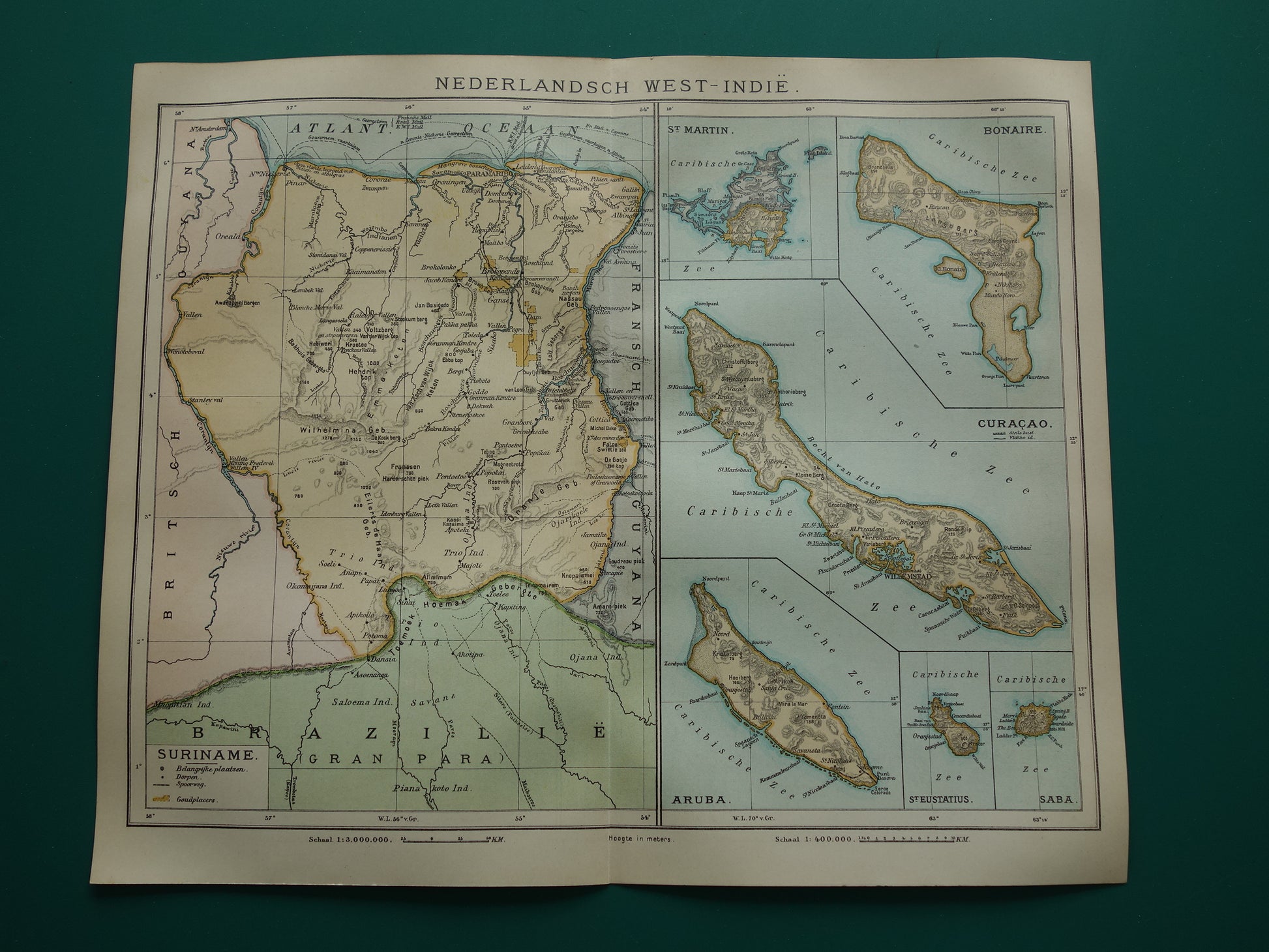 Suriname oude kaart uit 1922 originele antieke Nederlandse landkaart van Suriname en Caraïbisch gebied West-Indië