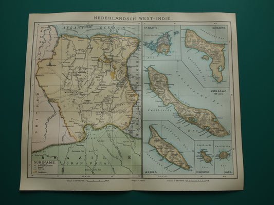 Suriname oude kaart uit 1922 originele antieke Nederlandse landkaart van Suriname en Caraïbisch gebied West-Indië