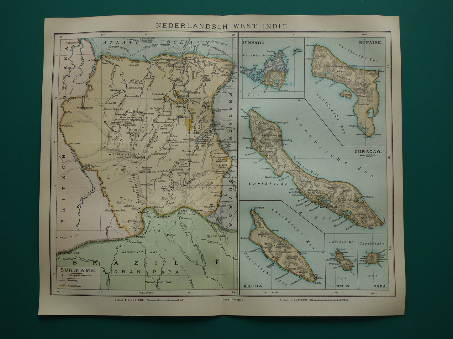 Suriname oude kaart uit 1922 originele antieke Nederlandse landkaart van Suriname en Caraïbisch gebied West-Indië