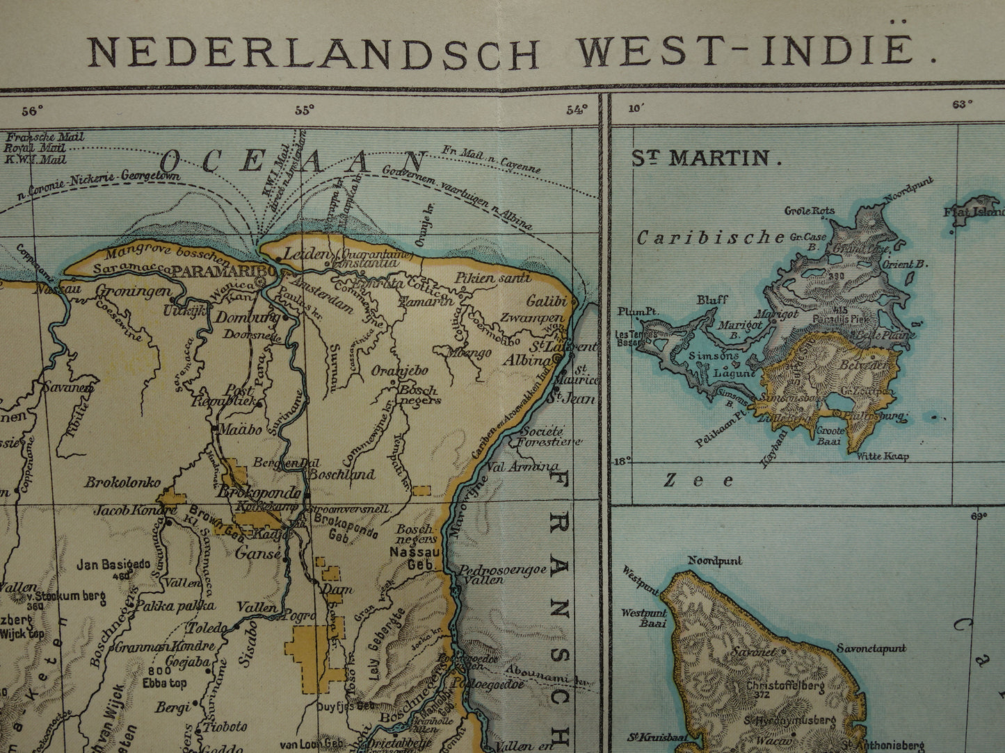 Suriname oude kaart uit 1922 originele antieke Nederlandse landkaart van Suriname en Caraïbisch gebied West-Indië