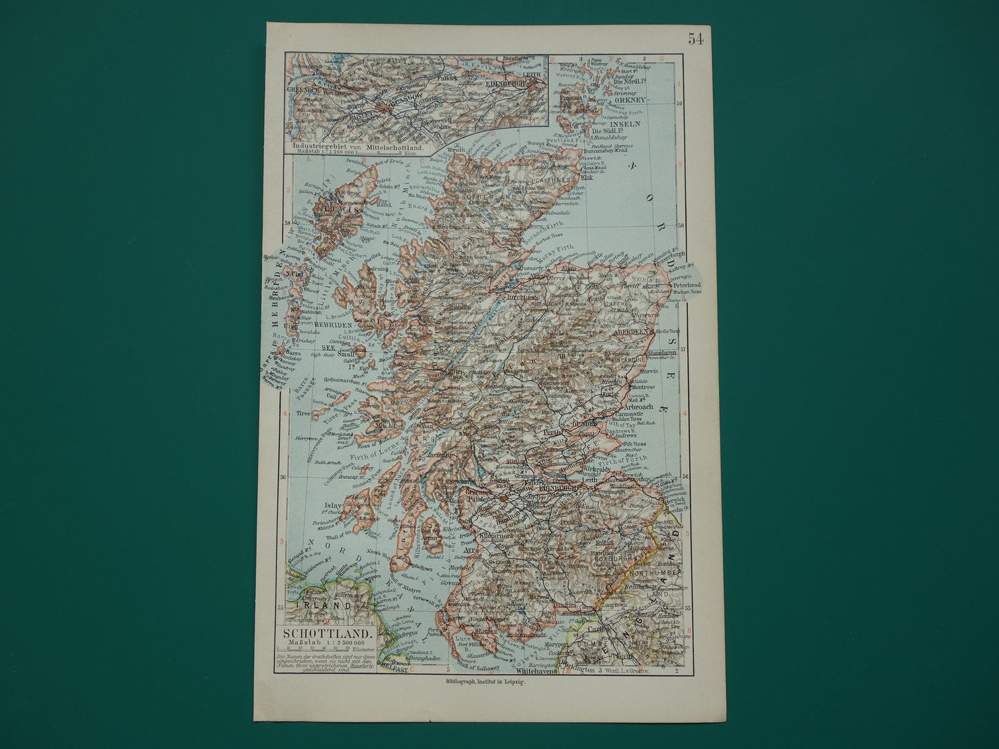 SCHOTLAND kleine antieke kaart van Schotland uit 1905 - originele gedetailleerde landkaart Edinburgh Glasgow