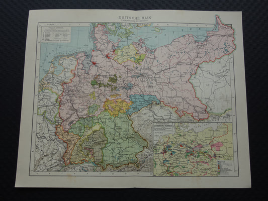 DUITSLAND Oude Nederlandse kaart van Duitse Rijk uit 1907 originele antieke landkaart met mijnbouw inzetkaart