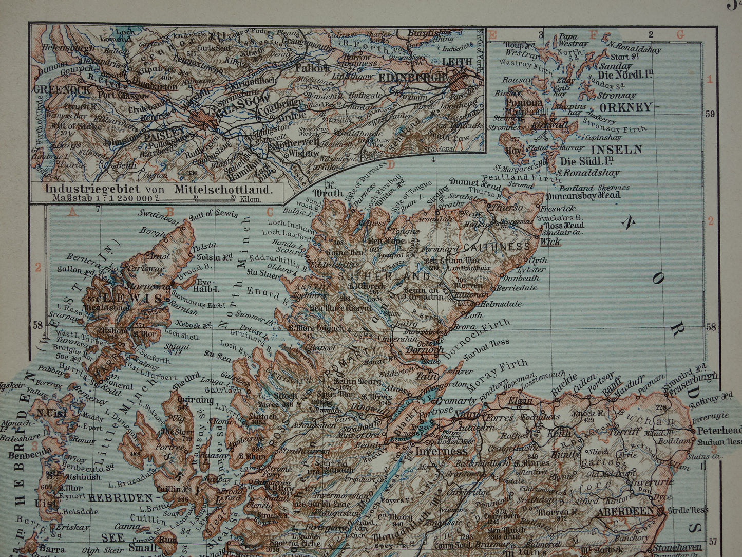 SCHOTLAND kleine antieke kaart van Schotland uit 1905 - originele gedetailleerde landkaart Edinburgh Glasgow