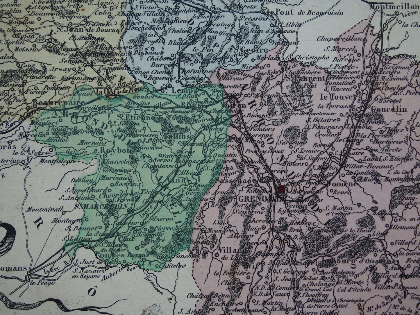 Isère Frankrijk Oude kaart uit 1870 originele antieke handgekleurde landkaart Isère departement Grenoble