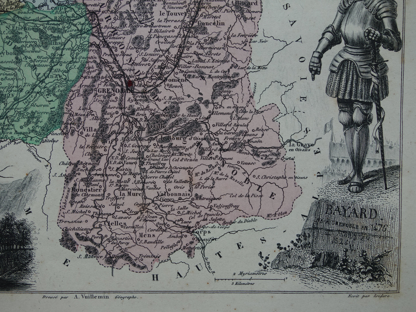 Isère Frankrijk Oude kaart uit 1870 originele antieke handgekleurde landkaart Isère departement Grenoble