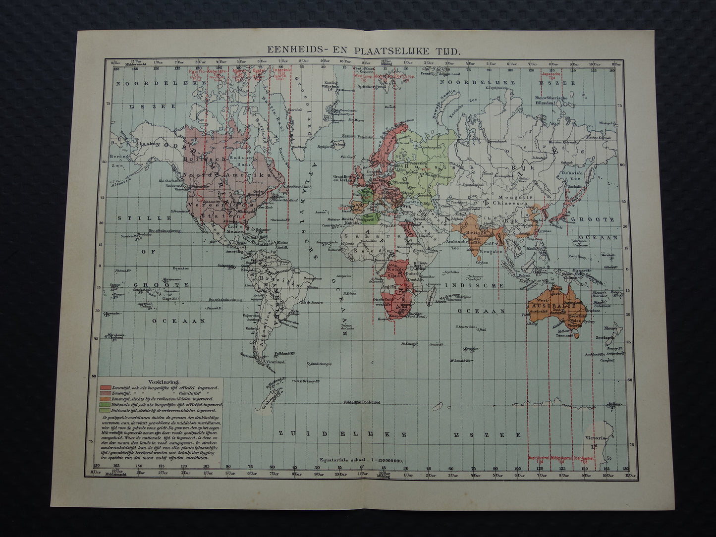 WERELDKAART oude kaart van de wereld met tijdzones 1907 originele antieke Nederlandse landkaart historische kaarten wintertijd zomertijd