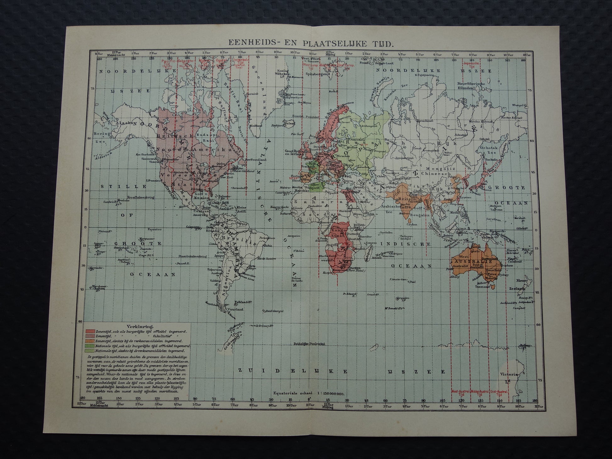 WERELDKAART oude kaart van de wereld met tijdzones 1907 originele antieke Nederlandse landkaart historische kaarten wintertijd zomertijd