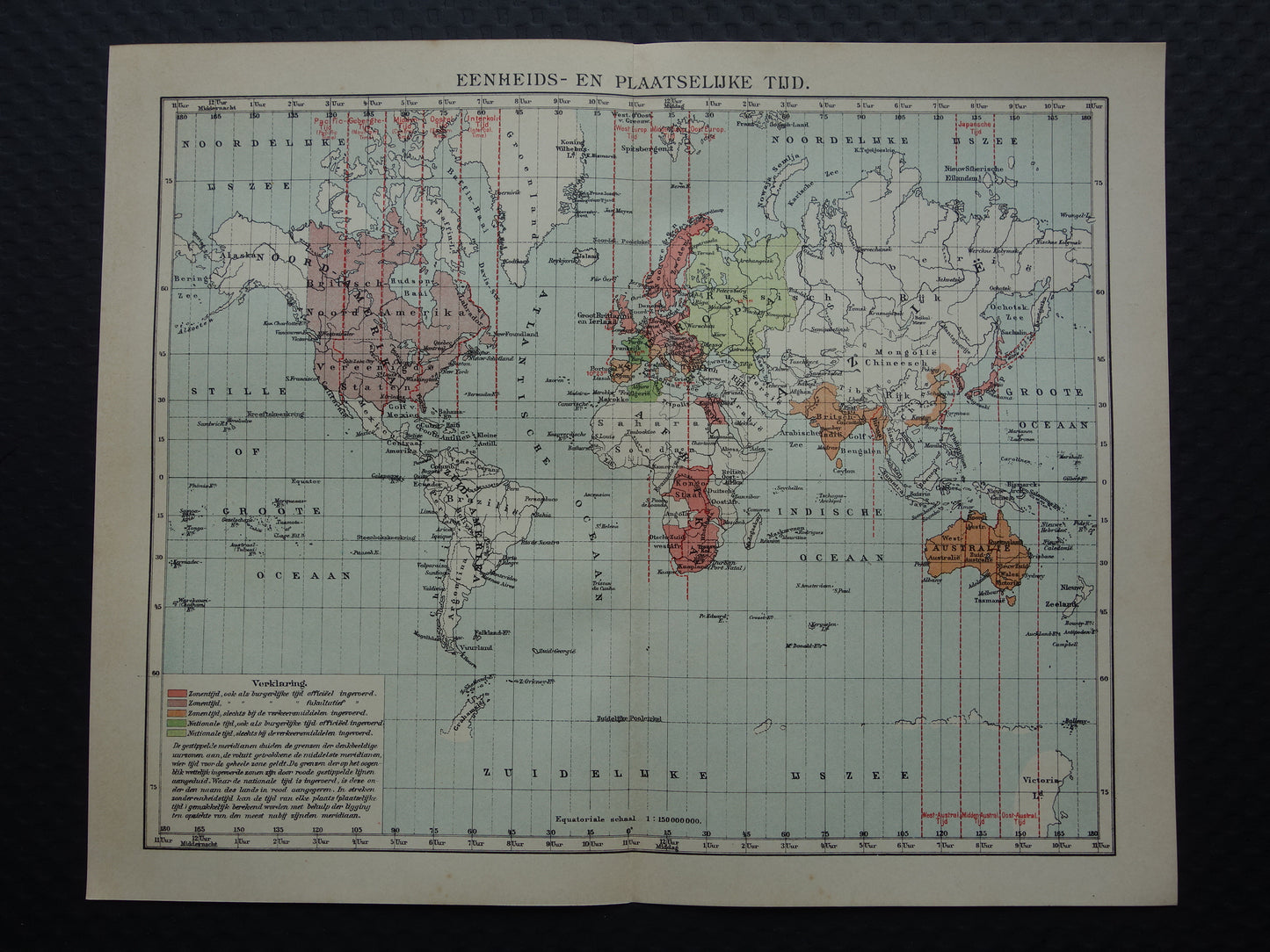 WORLD MAP old map of the world with time zones 1907 original antique Dutch map historical maps winter time summer time