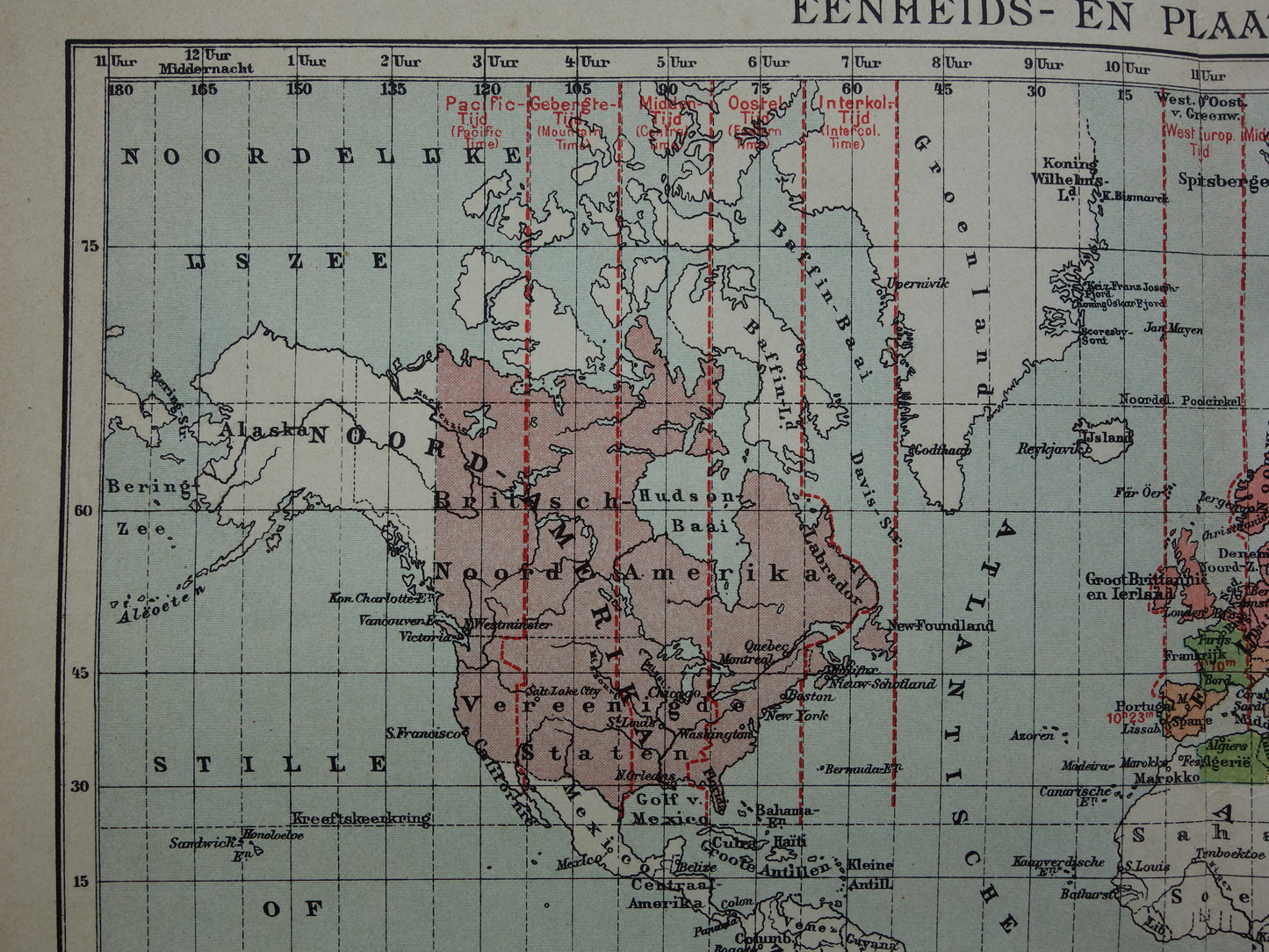 WORLD MAP old map of the world with time zones 1907 original antique Dutch map historical maps winter time summer time