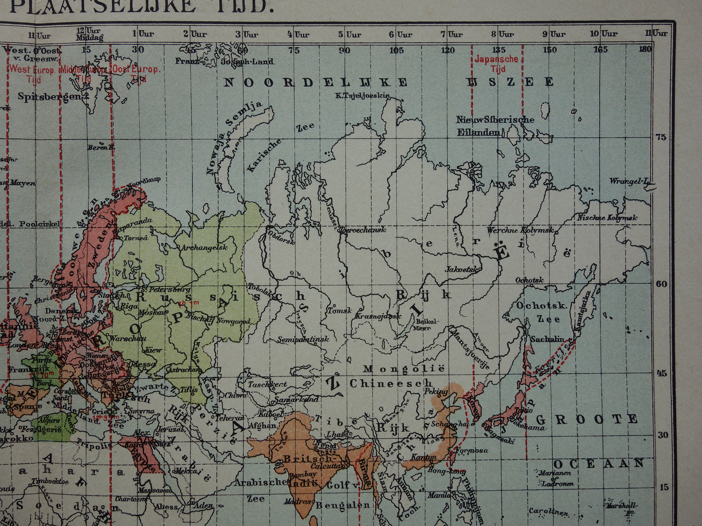 WORLD MAP old map of the world with time zones 1907 original antique Dutch map historical maps winter time summer time
