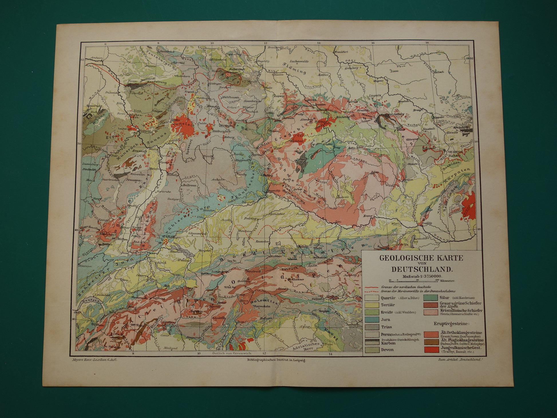 Oude geologie kaart van Zuid-Duitsland Originele antieke geologische kaart tijdschaal formaties vintage kaarten