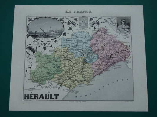 Hérault Frankrijk Oude kaart uit 1870 originele antieke handgekleurde landkaart Herault departement Montpellier