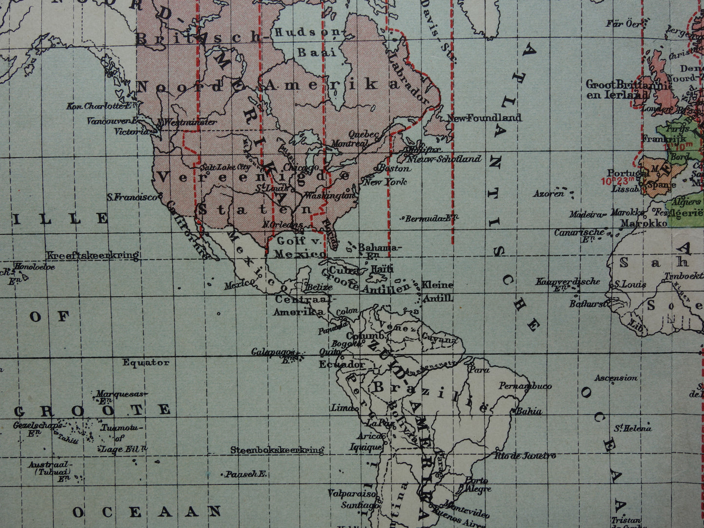 WORLD MAP old map of the world with time zones 1907 original antique Dutch map historical maps winter time summer time