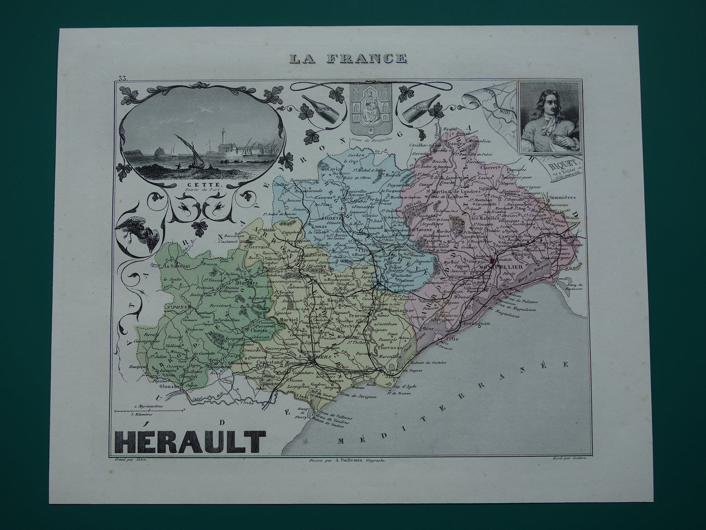 Hérault Frankrijk Oude kaart uit 1870 originele antieke handgekleurde landkaart Herault departement Montpellier