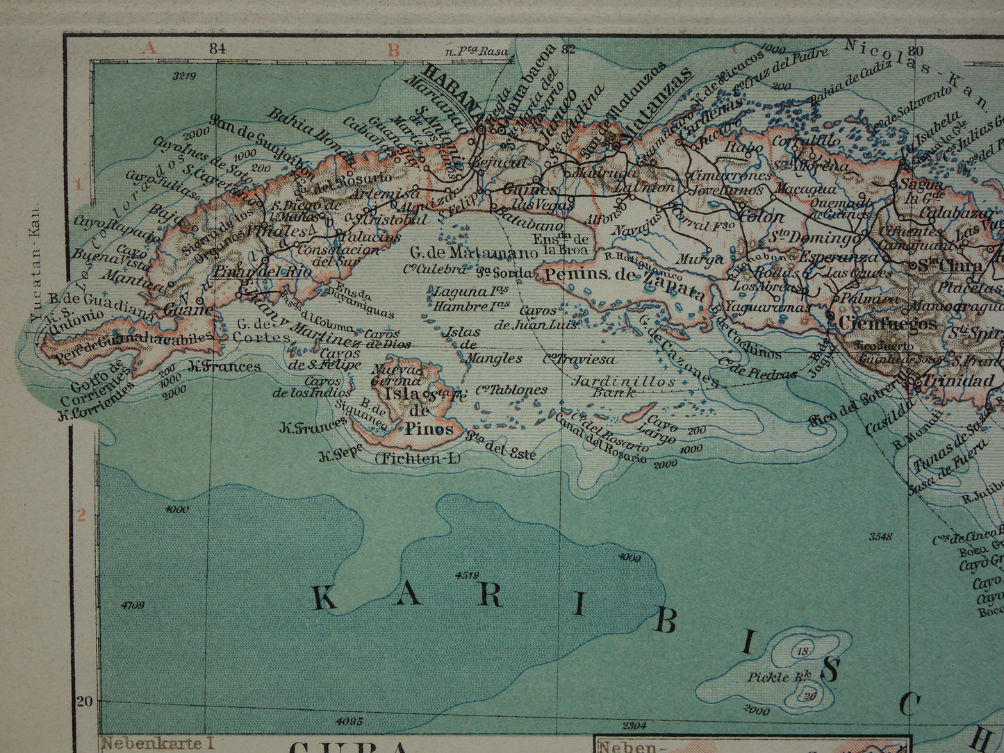 CUBA oude kaart uit 1905 van Cuba en Jamaica originele kleine antieke Duitse landkaart
