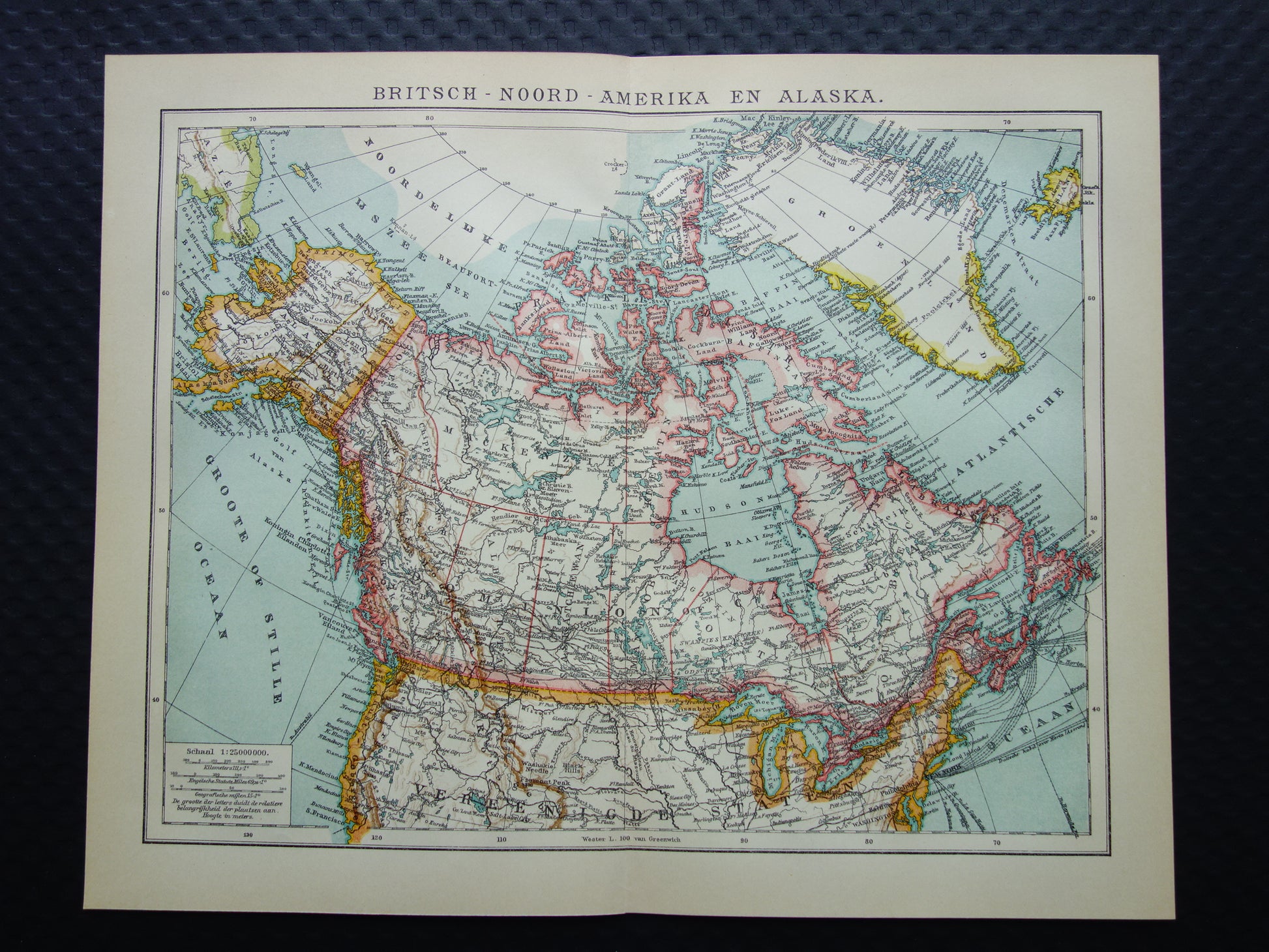 Vintage kaart van Canada Groenland en Alaska originele antieke Nederlandse landkaart - oude kaarten