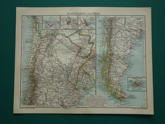 Argentinië en Chili oude kaart uit 1921 originele antieke Duitse landkaart