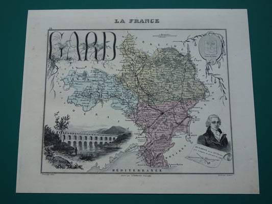 GARD Frankrijk Oude kaart uit 1870 originele antieke handgekleurde landkaart Gard departement Nîmes Pont du Gard