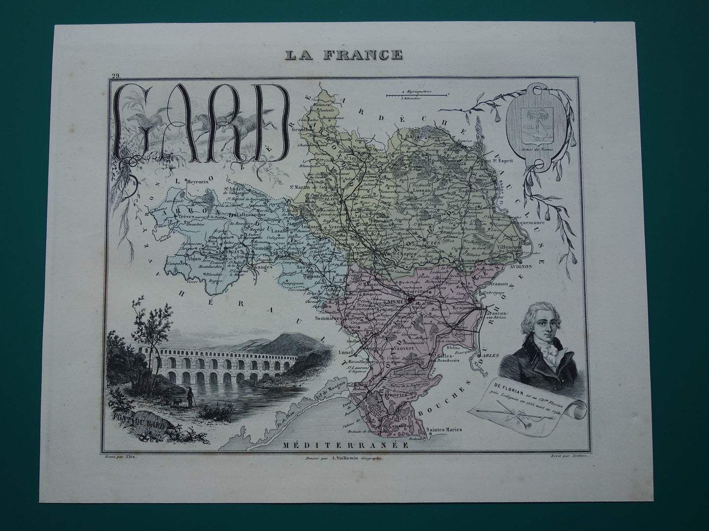 GARD Frankrijk Oude kaart uit 1870 originele antieke handgekleurde landkaart Gard departement  Nîmes Pont du Gard