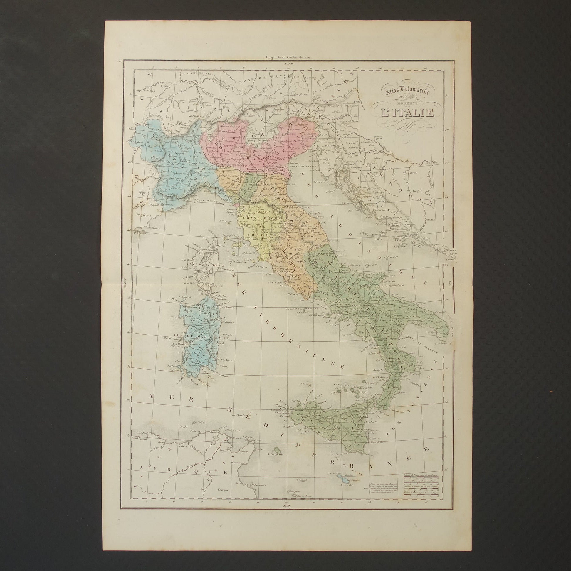 Oude kaart van Italië uit 1859 Originele antieke Franse landkaart van Italië