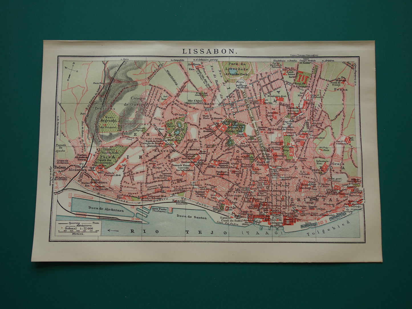 LISSABON oude kaart van Lissabon Portugal uit 1919 kleine originele antieke plattegrond vintage landkaart