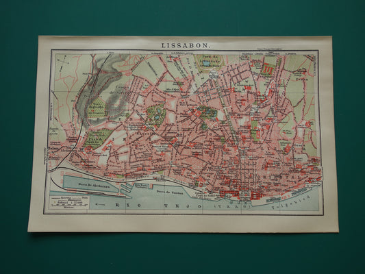 LISSABON oude kaart van Lissabon Portugal uit 1919 kleine originele antieke plattegrond vintage landkaart