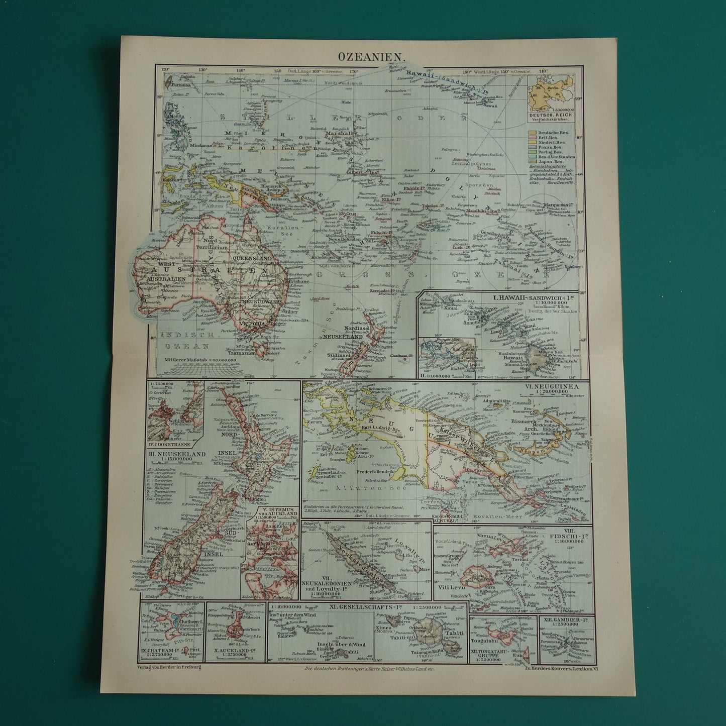 Oceanië oude kaart uit 1921 originele antieke Duitse landkaart continent