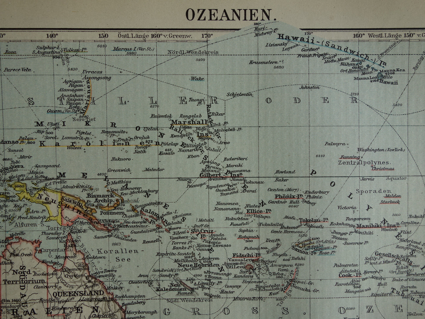 Oceanië oude kaart uit 1921 originele antieke Duitse landkaart continent