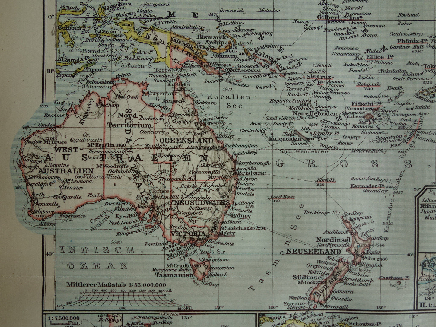 Oceanië oude kaart uit 1921 originele antieke Duitse landkaart continent