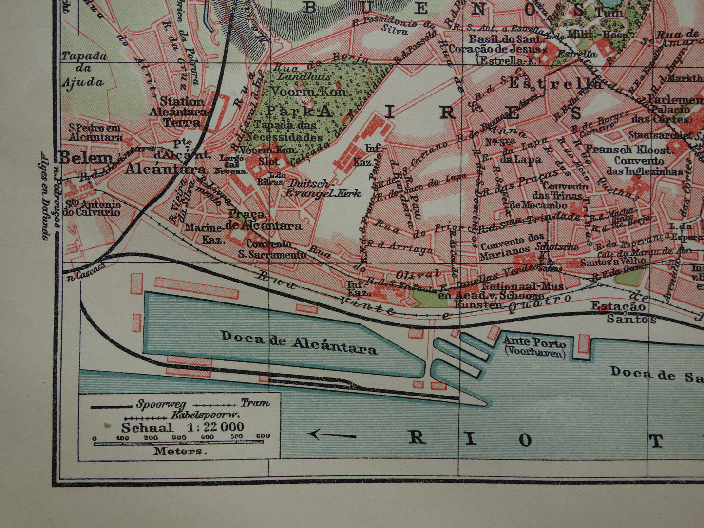 LISSABON oude kaart van Lissabon Portugal uit 1919 kleine originele antieke plattegrond vintage landkaart