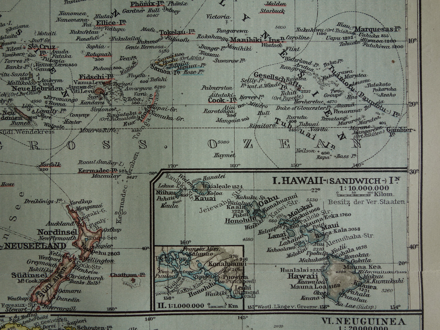 Oceanië oude kaart uit 1921 originele antieke Duitse landkaart continent