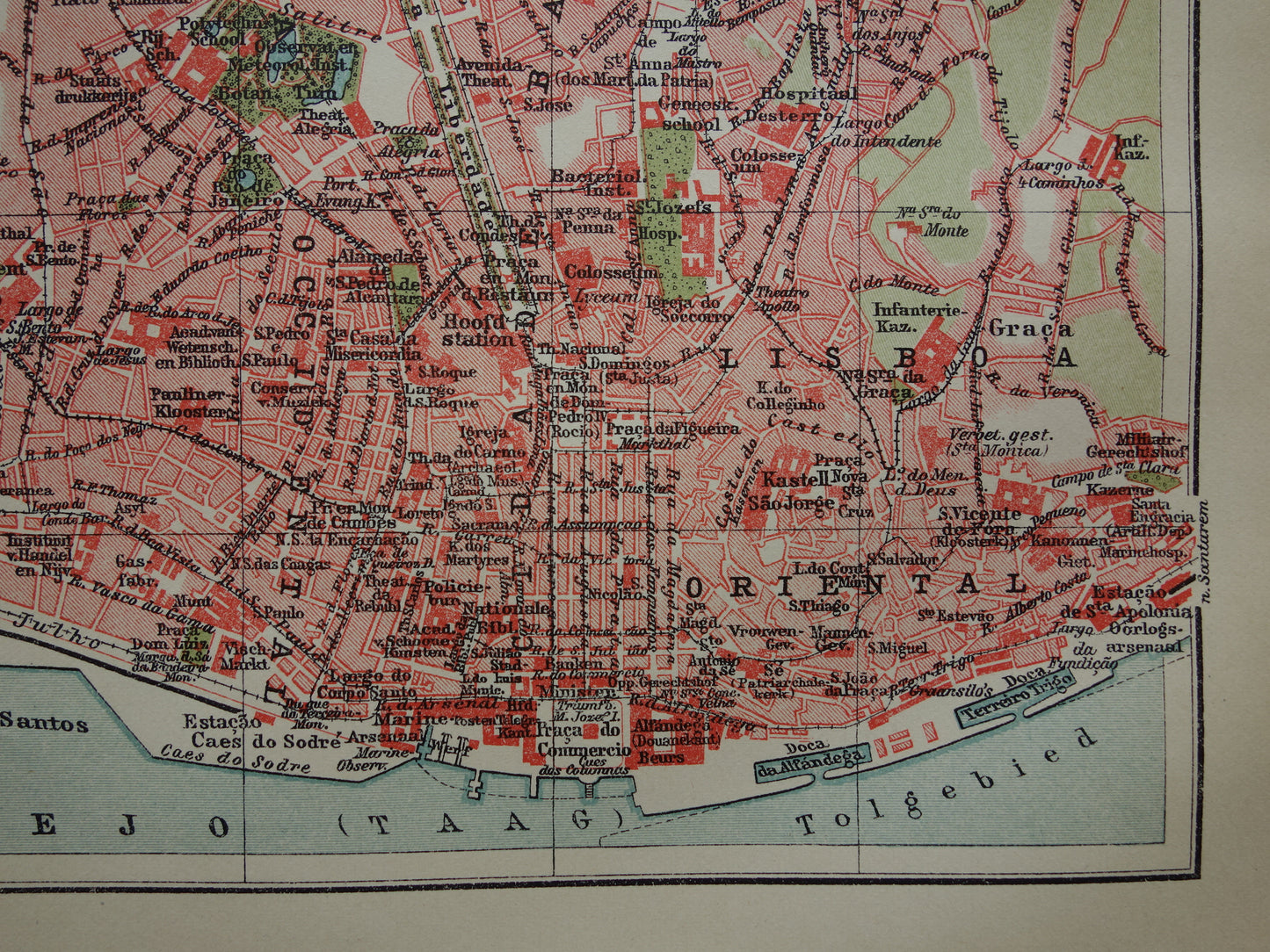 LISSABON oude kaart van Lissabon Portugal uit 1919 kleine originele antieke plattegrond vintage landkaart