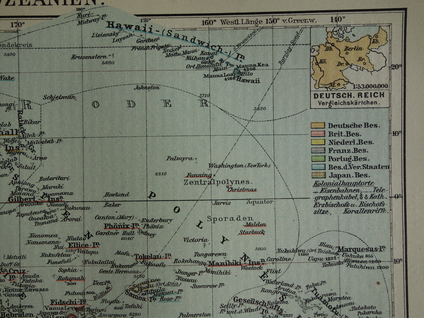 Oceanië oude kaart uit 1921 originele antieke Duitse landkaart continent