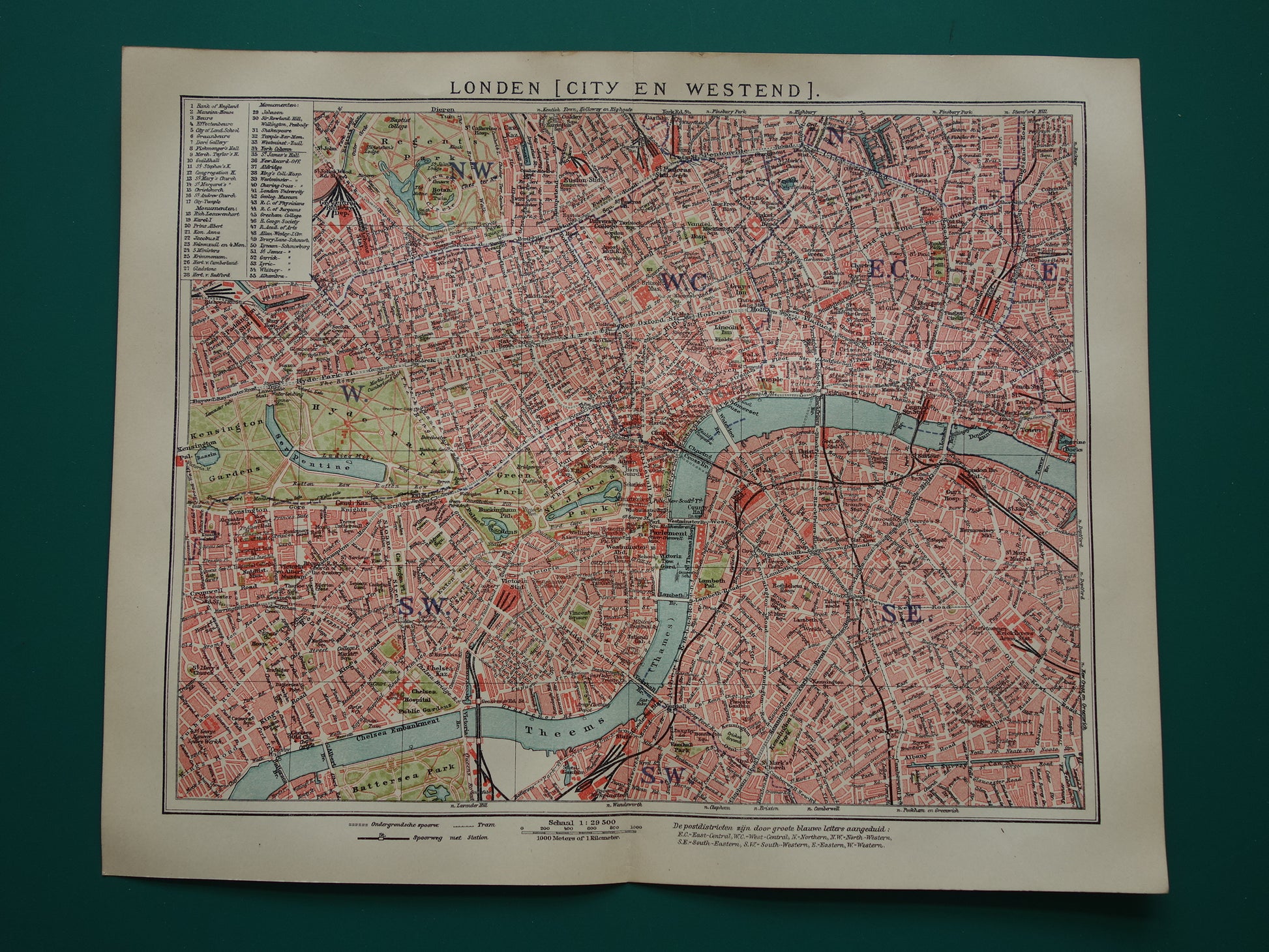 LONDEN oude plattegrond uit 1919 originele Nederlandse antieke kaart van centrum Londen City Westend