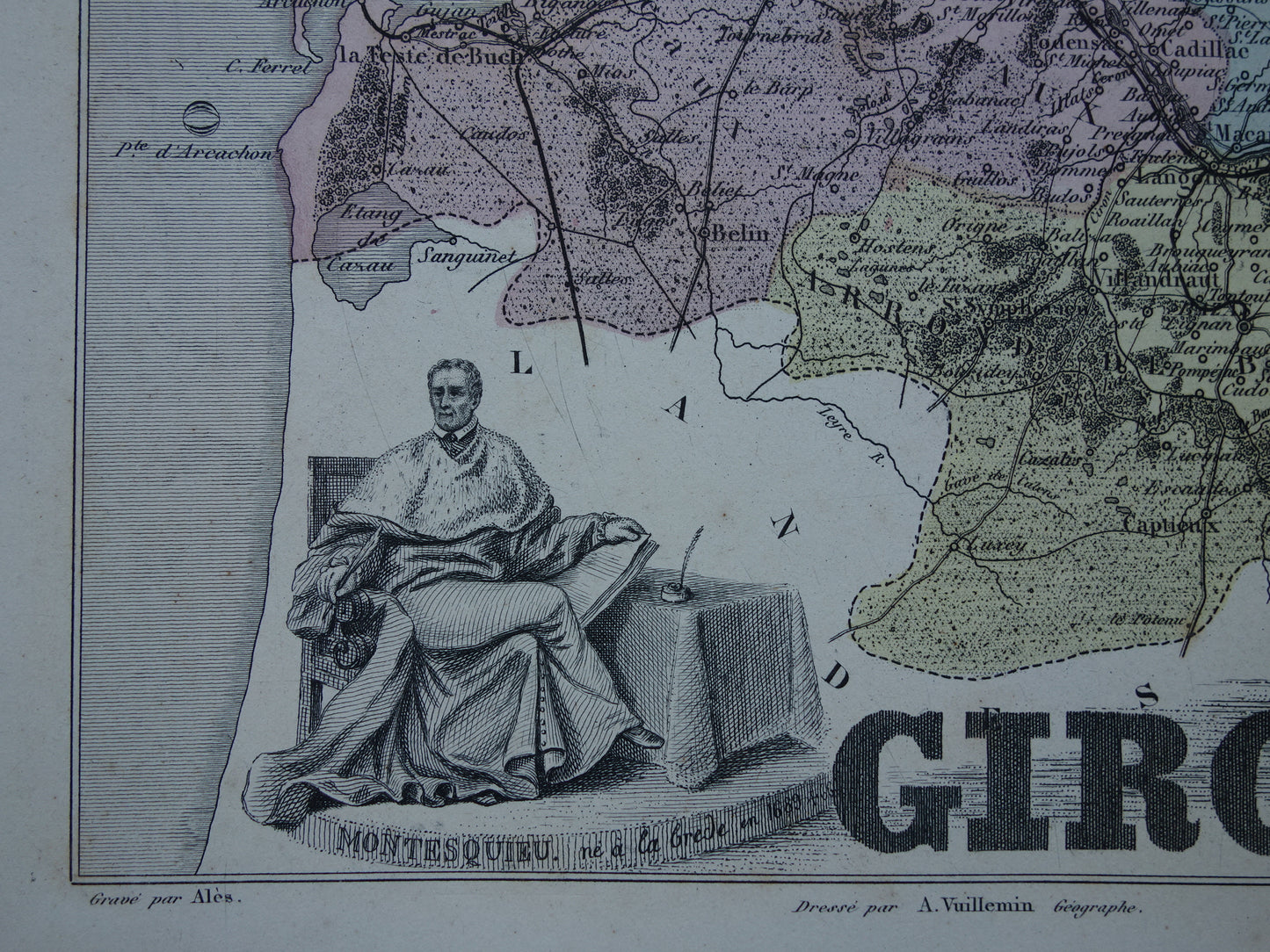 GIRONDE Frankrijk Oude kaart uit 1870 originele antieke handgekleurde landkaart Bordeaux
