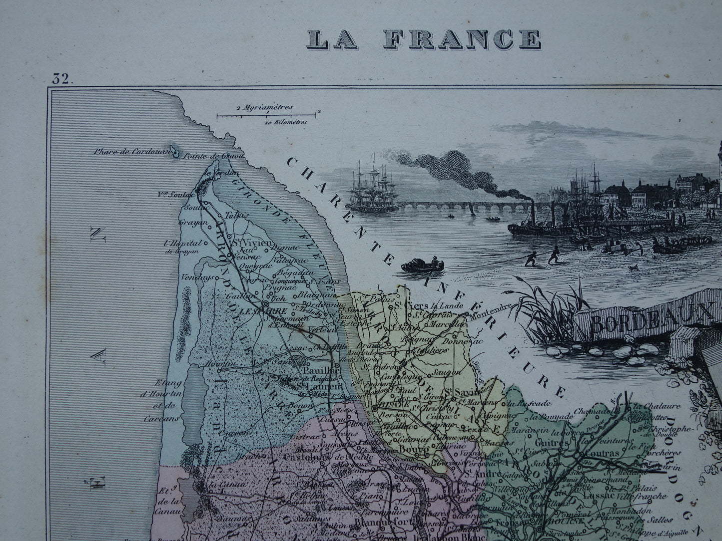 GIRONDE Frankrijk Oude kaart uit 1870 originele antieke handgekleurde landkaart Bordeaux