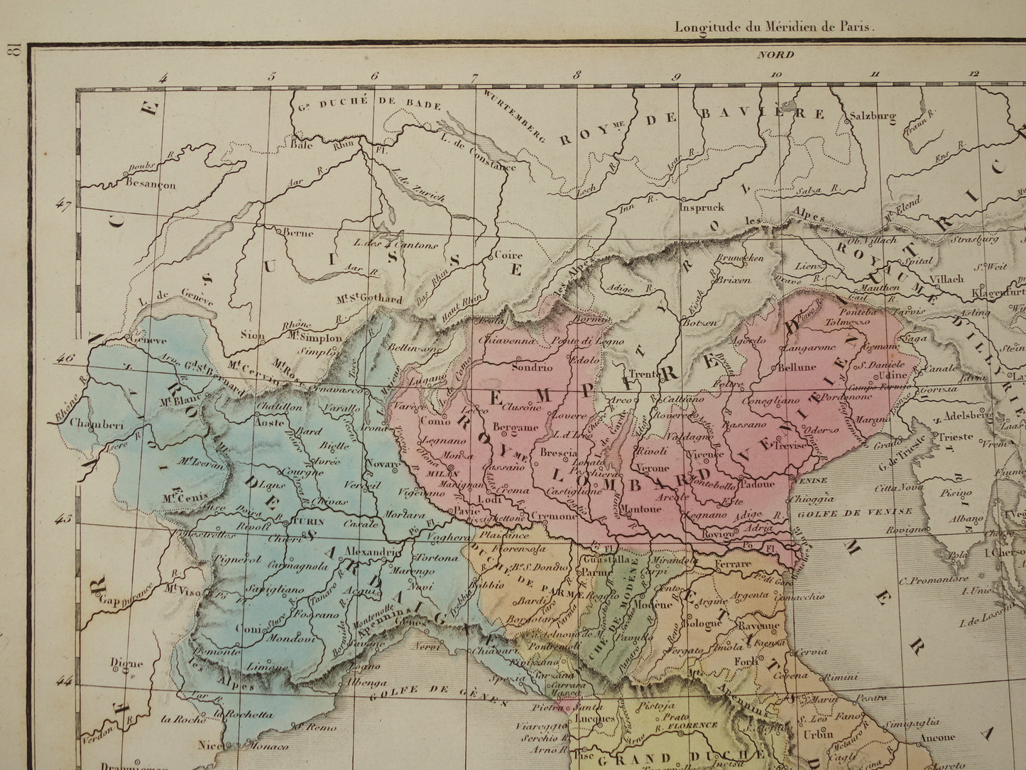 Oude kaart van Italië uit 1859 Originele antieke Franse landkaart van Italië