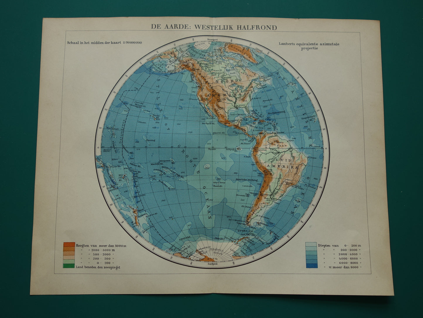 Oude Wereldkaart uit 1932 - originele vintage Nederlandse kaart van de wereld - dubbele hemisfeer set van twee kaarten oostelijk en westelijk halfrond