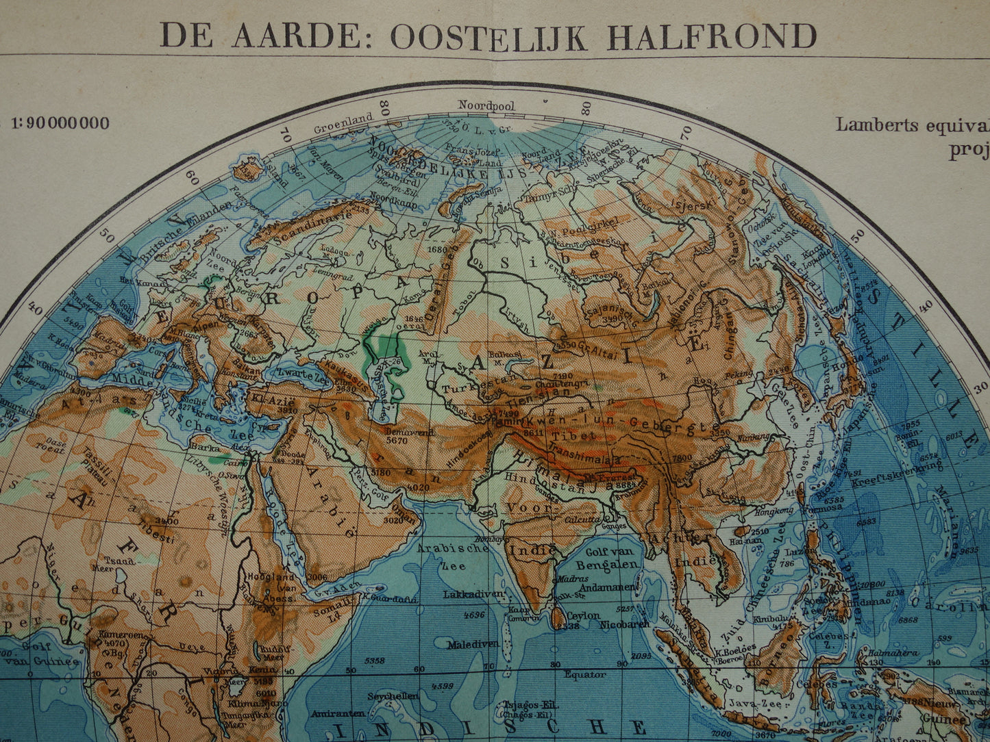 Oude Wereldkaart uit 1932 - originele vintage Nederlandse kaart van de wereld - dubbele hemisfeer set van twee kaarten oostelijk en westelijk halfrond