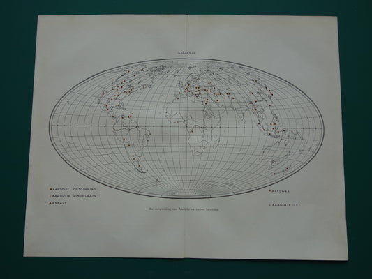 Oude wereldkaart over aardolie 1932 originele Nederlandse kaart olie vindplaatsen wereld