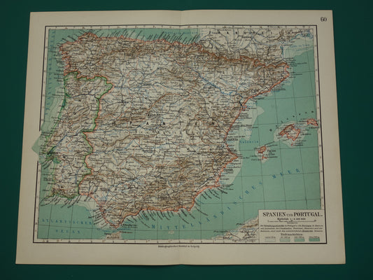 SPANJE oude kaart van Spanje en Portugal 1905 originele antieke Duitse landkaart