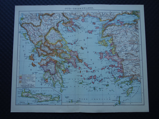 GRIEKENLAND antieke kaart van Griekenland in de klassieke oudheid Originele oude Nederlandse landkaart uit 1917 vintage historische kaarten